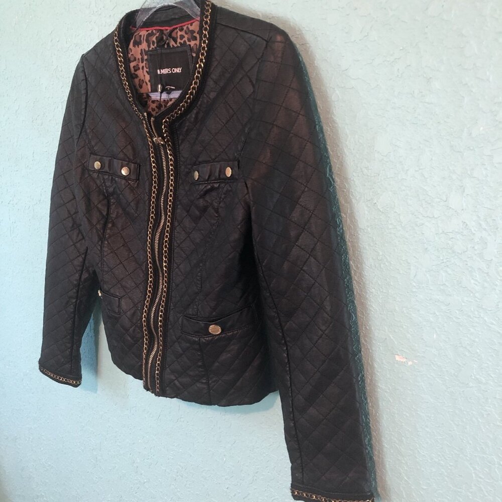 Members Only Womens Zip Front Moto Jacket Small Black Gold Tone Chain Link FLAWS - Picture 4 of 13